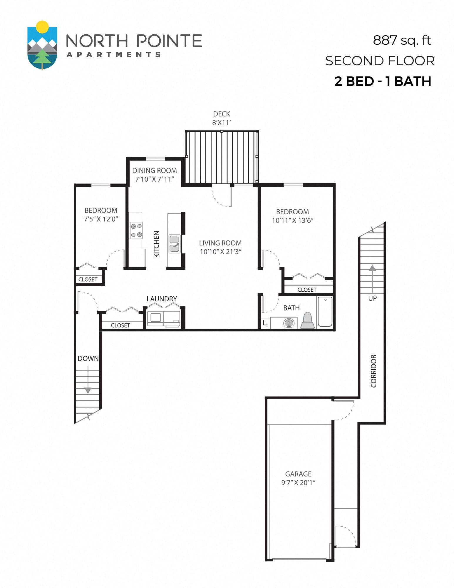 Floor plan for 1 bed, 1 bath, 887 sqft